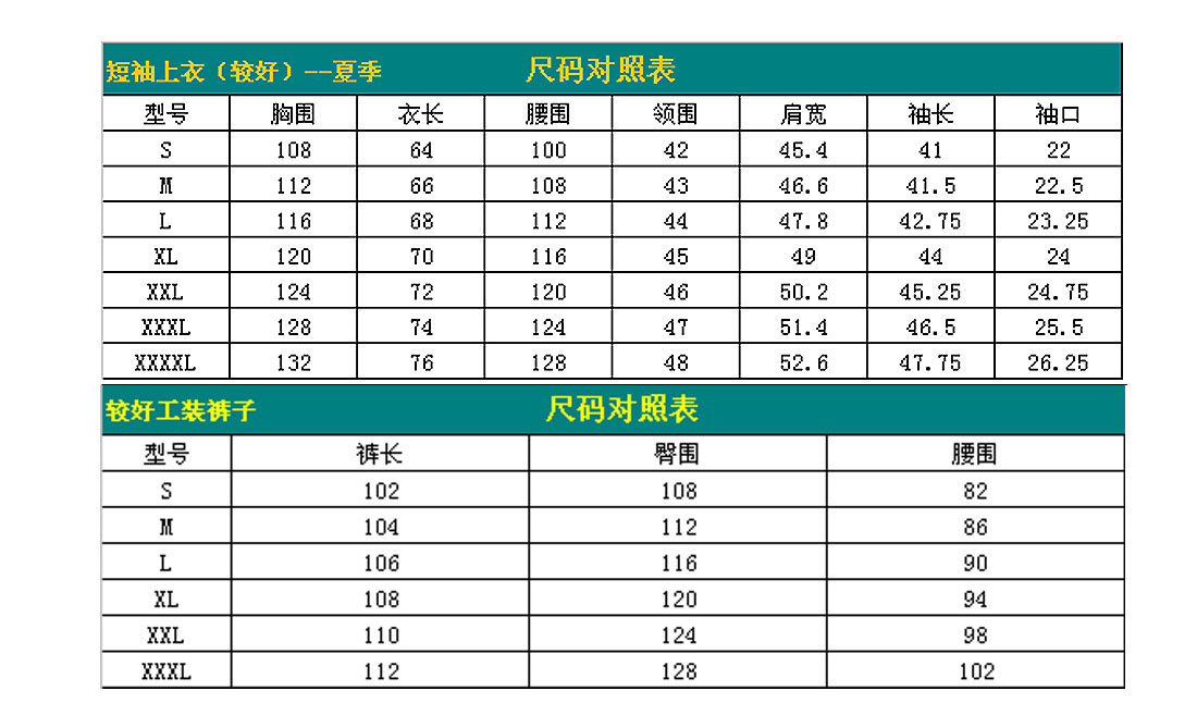 短袖工作服AD116-DX尺寸圖