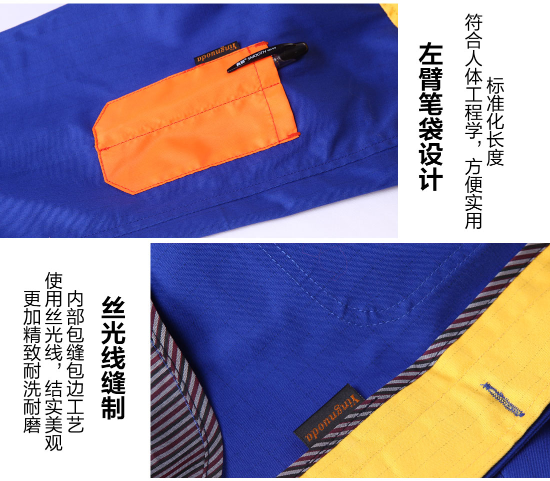 中藍(lán)拼黃色工作服款式細(xì)節(jié)